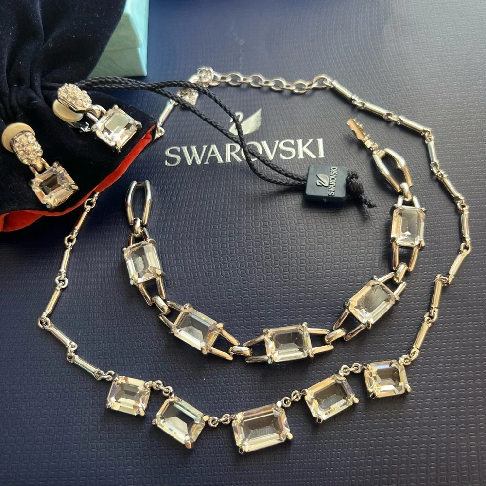 AUTHENTIC Swarovski Emerald-cut Crystal Necklace & Earrings SET Vintage - Picture 8 of 17